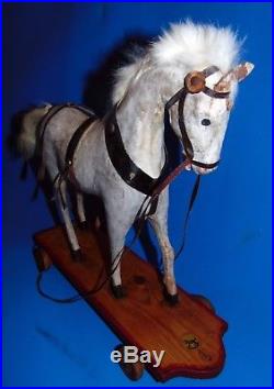14 inches early 1900 German pulltoy wood wooden HORSE on platform RARE WHITE