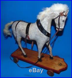 14 inches early 1900 German pulltoy wood wooden HORSE on platform RARE WHITE