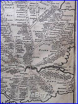 1695 Moll Early Road Map England Wales Old Antique Map Extraordinary Shape RARE