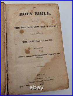 1843 Holy Bible Early for the American Bible Society Rare Antique D. Fanshaw