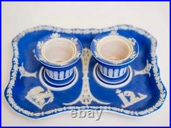 18thC Antique Wedgwood Dark Blue Jasperware Ink Stand with 2 Inkwells EARLY RARE