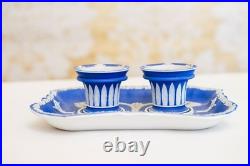 18thC Antique Wedgwood Dark Blue Jasperware Ink Stand with 2 Inkwells EARLY RARE