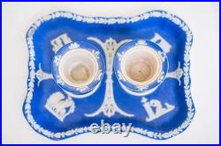 18thC Antique Wedgwood Dark Blue Jasperware Ink Stand with 2 Inkwells EARLY RARE