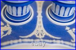 18thC Antique Wedgwood Dark Blue Jasperware Ink Stand with 2 Inkwells EARLY RARE