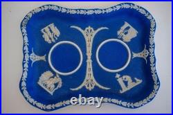 18thC Antique Wedgwood Dark Blue Jasperware Ink Stand with 2 Inkwells EARLY RARE