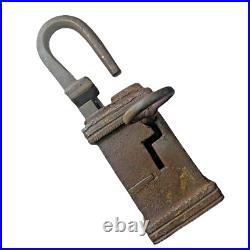 18th C Iron padlock or lock with key RARE & EARLY old or antique, barbed spring