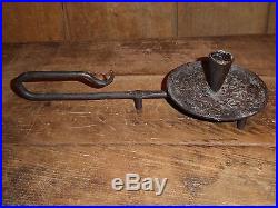 19th C OLD EARLY WROUGHT IRON RARE CARRY HANDLED CANDLE HOLDER CHAMBERSTICK