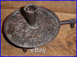 19th C OLD EARLY WROUGHT IRON RARE CARRY HANDLED CANDLE HOLDER CHAMBERSTICK