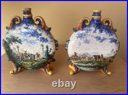 19th Century Faience Moon Flasks Rare Pilgrim Flasks hand painted & signed