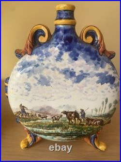 19th Century Faience Moon Flasks Rare Pilgrim Flasks hand painted & signed