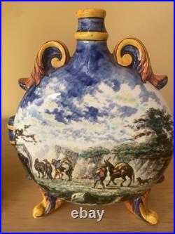 19th Century Faience Moon Flasks Rare Pilgrim Flasks hand painted & signed