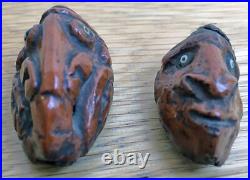 2 RARE Antique EARLY Carved Coquilla Nut Miniature Heads Clowns