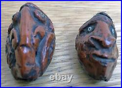 2 RARE Antique EARLY Carved Coquilla Nut Miniature Heads Clowns