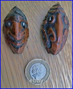 2 RARE Antique EARLY Carved Coquilla Nut Miniature Heads Clowns