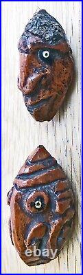 2 RARE Antique EARLY Carved Coquilla Nut Miniature Heads Clowns