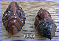 2 RARE Antique EARLY Carved Coquilla Nut Miniature Heads Clowns