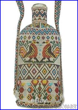 AMAZING antique Bulgarian handmade beaded bottle early 1900's rare folk art POW