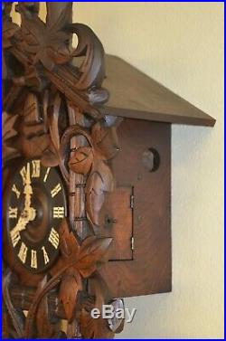 ANTIQUE GERMAN BLACK FOREST RARE LEAF MOTIF CUCKOO CLOCK EARLY 1900's