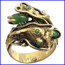 ANTIQUE Heavy 1940s Rare Silver GOLD Vermeil JADE DRAGON WRAP COILED RING 9.75