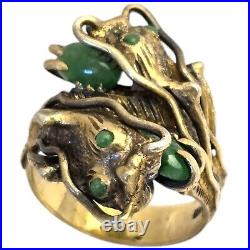 ANTIQUE Heavy 1940s Rare Silver GOLD Vermeil JADE DRAGON WRAP COILED RING 9.75