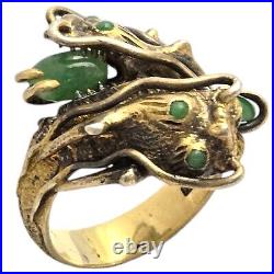 ANTIQUE Heavy 1940s Rare Silver GOLD Vermeil JADE DRAGON WRAP COILED RING 9.75