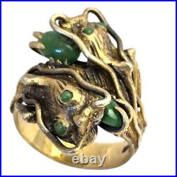 ANTIQUE Heavy 1940s Rare Silver GOLD Vermeil JADE DRAGON WRAP COILED RING 9.75