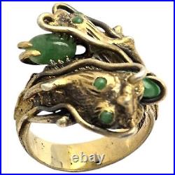 ANTIQUE Heavy 1940s Rare Silver GOLD Vermeil JADE DRAGON WRAP COILED RING 9.75