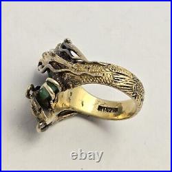 ANTIQUE Heavy 1940s Rare Silver GOLD Vermeil JADE DRAGON WRAP COILED RING 9.75