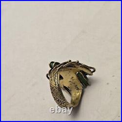 ANTIQUE Heavy 1940s Rare Silver GOLD Vermeil JADE DRAGON WRAP COILED RING 9.75