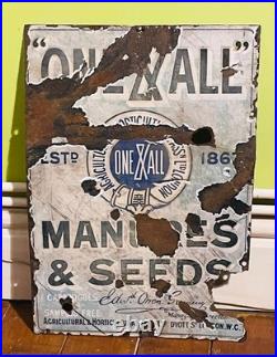 ANTIQUE ONE & ALL MANURES & SEEDS ENAMEL SIGN EARLY 1900's VERY RARE
