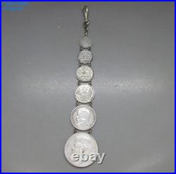ANTIQUE RARE IMPERIAL RUSSIAN SOLID SILVER RUBLE COIN CHAIN FOB 42g 19.3CM 20thC
