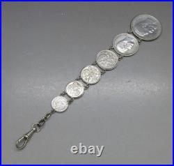 ANTIQUE RARE IMPERIAL RUSSIAN SOLID SILVER RUBLE COIN CHAIN FOB 42g 19.3CM 20thC