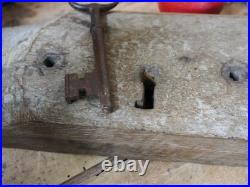 A Large Early Rare Oak Rim Lock And Key Primitive Castle