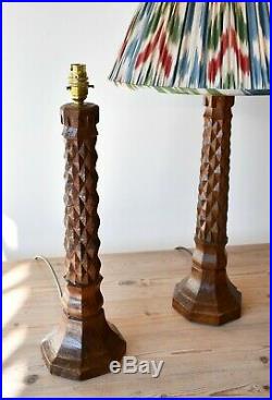 A Rare Pair of Early 20th C Arts Crafts Carved Oak Column Side Hall Table Lamps