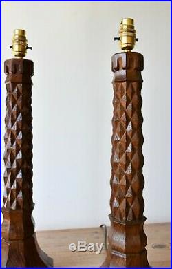 A Rare Pair of Early 20th C Arts Crafts Carved Oak Column Side Hall Table Lamps