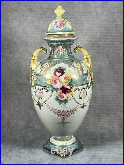 A Rare Very Early Antique Noritake Twin Handled Lidded Floral Pastel Vase c1902