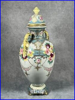 A Rare Very Early Antique Noritake Twin Handled Lidded Floral Pastel Vase c1902