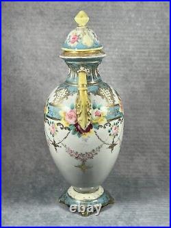 A Rare Very Early Antique Noritake Twin Handled Lidded Floral Pastel Vase c1902