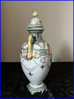 A Rare Very Early Antique Noritake Twin Handled Lidded Floral Pastel Vase c1902