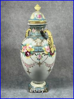 A Rare Very Early Antique Noritake Twin Handled Lidded Floral Pastel Vase c1902