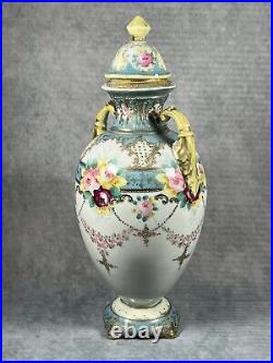 A Rare Very Early Antique Noritake Twin Handled Lidded Floral Pastel Vase c1902