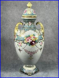 A Rare Very Early Antique Noritake Twin Handled Lidded Floral Pastel Vase c1902