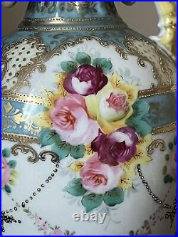 A Rare Very Early Antique Noritake Twin Handled Lidded Floral Pastel Vase c1902