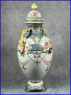 A Rare Very Early Antique Noritake Twin Handled Lidded Floral Pastel Vase c1902