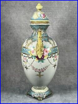 A Rare Very Early Antique Noritake Twin Handled Lidded Floral Pastel Vase c1902