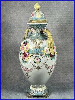 A Rare Very Early Antique Noritake Twin Handled Lidded Floral Pastel Vase c1902