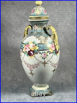 A Rare Very Early Antique Noritake Twin Handled Lidded Floral Pastel Vase c1902