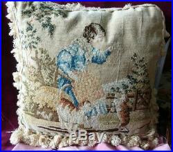 A rare Early Victorian needlework of a girl playing with her cats cushion c1830