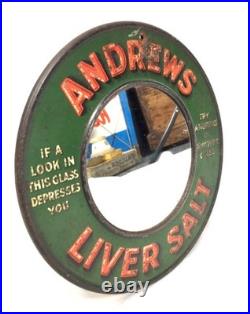 Antique Advertising Rare Andrews Liver Salt Tin Metal Mirror Sign c. 1920
