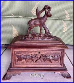 Antique Black Forest Jewelry Box with Mountain Sheep Signed Beautiful Rare Find